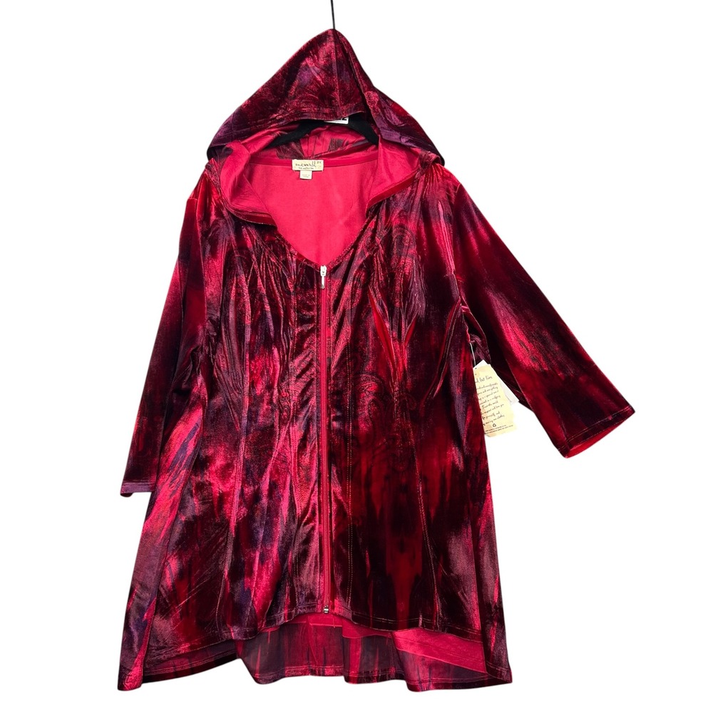 One World Zip Up Hoodie Womens 2X Red Crushed Velvet Abstract Paisley NWT